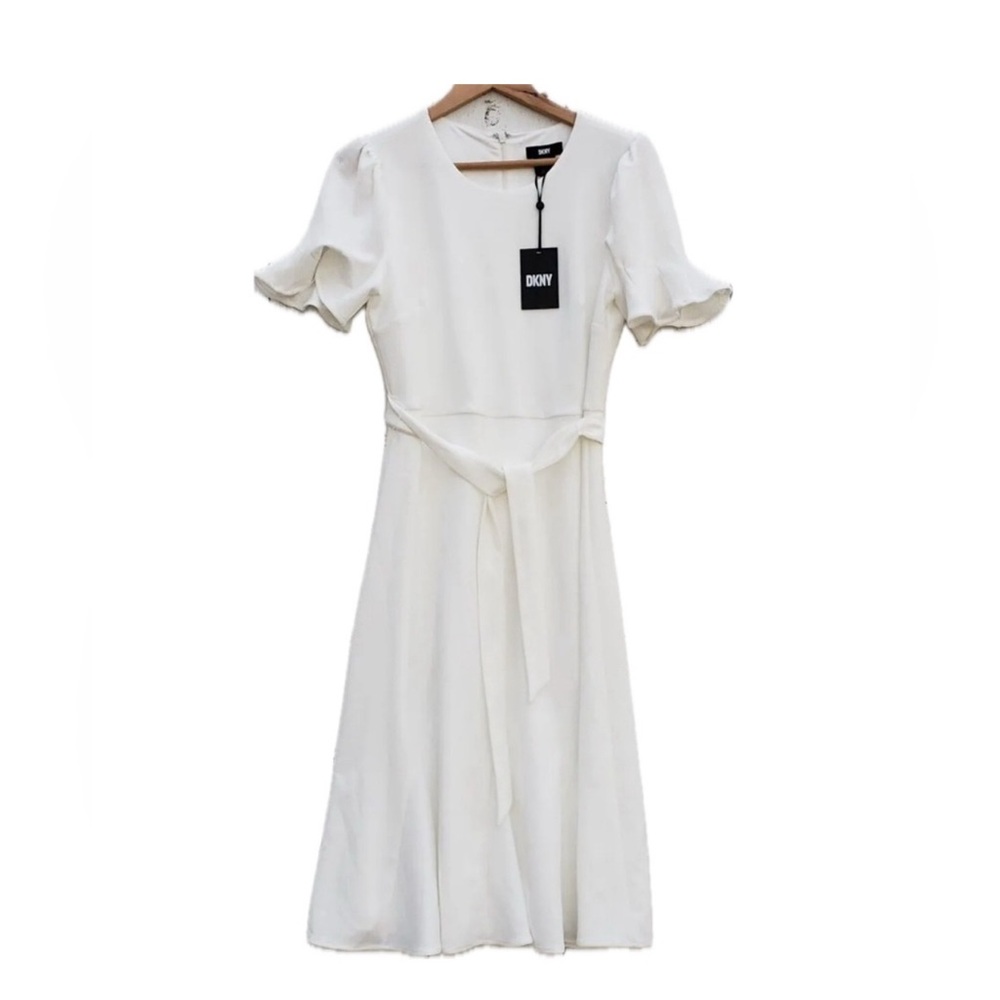 DKNY Stylish White Puff Sleeve Midi Dress Size 6